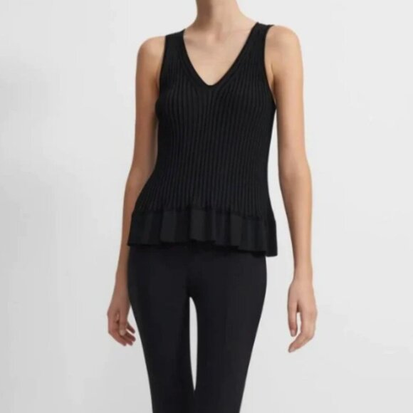 Theory Tank Top Womens Large Black V-Neck Sleeveless Flared Hem Rib Knit Stretch - Picture 6 of 9